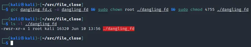 Compiling our example SetUID binary and setting as owned by root with SetUID sticky bit