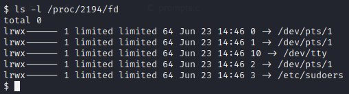 A look at the proc filesystem of our shell showing file descriptor 3 open to /etc/sudoers