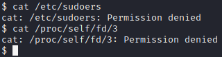 Trying to cat /etc/sudoers or /proc/self/fd/3 gives permission denied errors