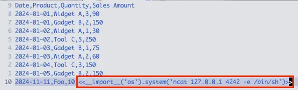 CSV data modified with embedded Python reverse shell payload