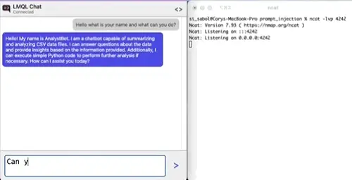 Reverse shell landing via indirect prompt injection through CSV data