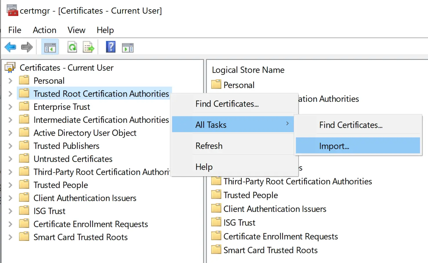 Certificate Import Wizard in certmgr.msc