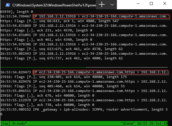 Split tmux session showing tcpdump output with Nintendo Switch traffic flowing to and from an AWS EC2 endpoint