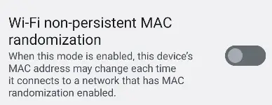 Android Developer Settings showing the option to randomize or change MAC address