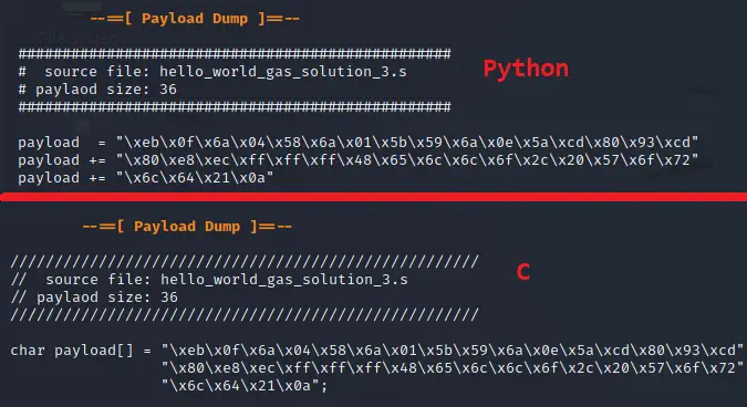 C and Python style format output of the payload dump