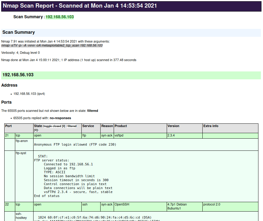 Sample HTML report generated from NMAP XML scan data