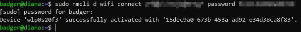 Terminal output showing successful WiFi connection to WAP1 via nmcli