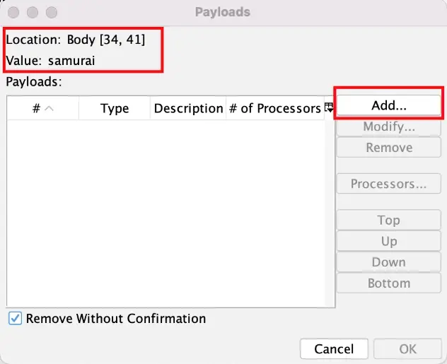 ZAP Payloads dialog for fuzz location