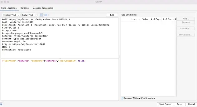 ZAP Fuzzer dialog with empty Fuzz Locations list