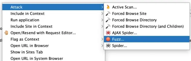 ZAP History tab with right-click context menu