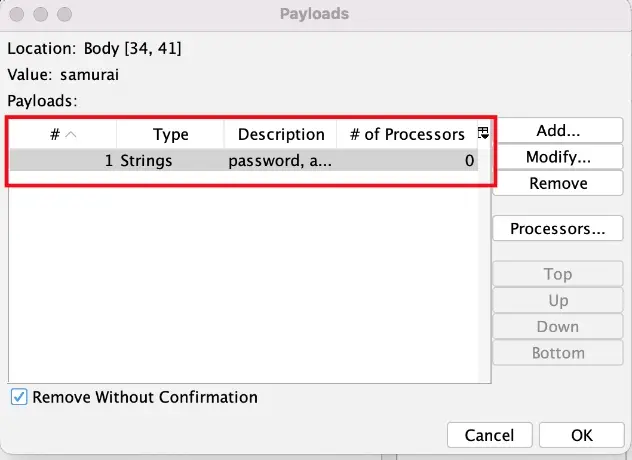 Payloads dialog showing 11 string payloads added