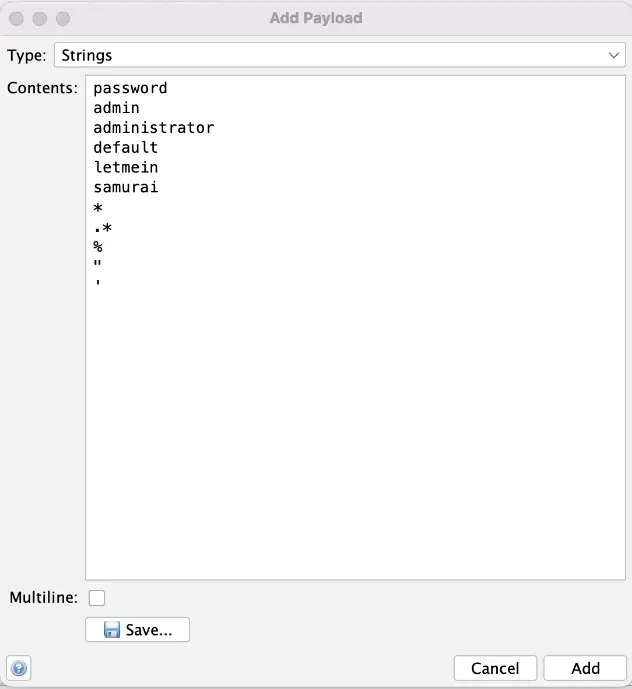 ZAP Add Payload dialog with string list