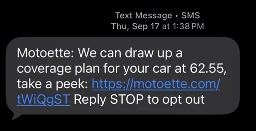 Example smishing text message disguised as a marketing offer with a suspicious link and Reply STOP opt-out text