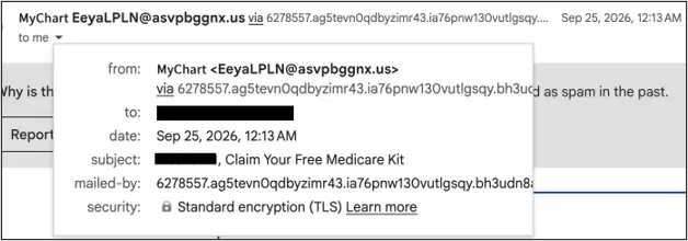 Real phishing email showing a suspicious sender address that does not match the claimed Medicare organization