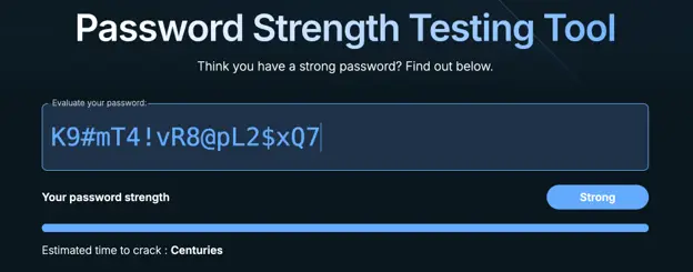 Password strength checker showing a random 18-character password takes significantly longer to crack